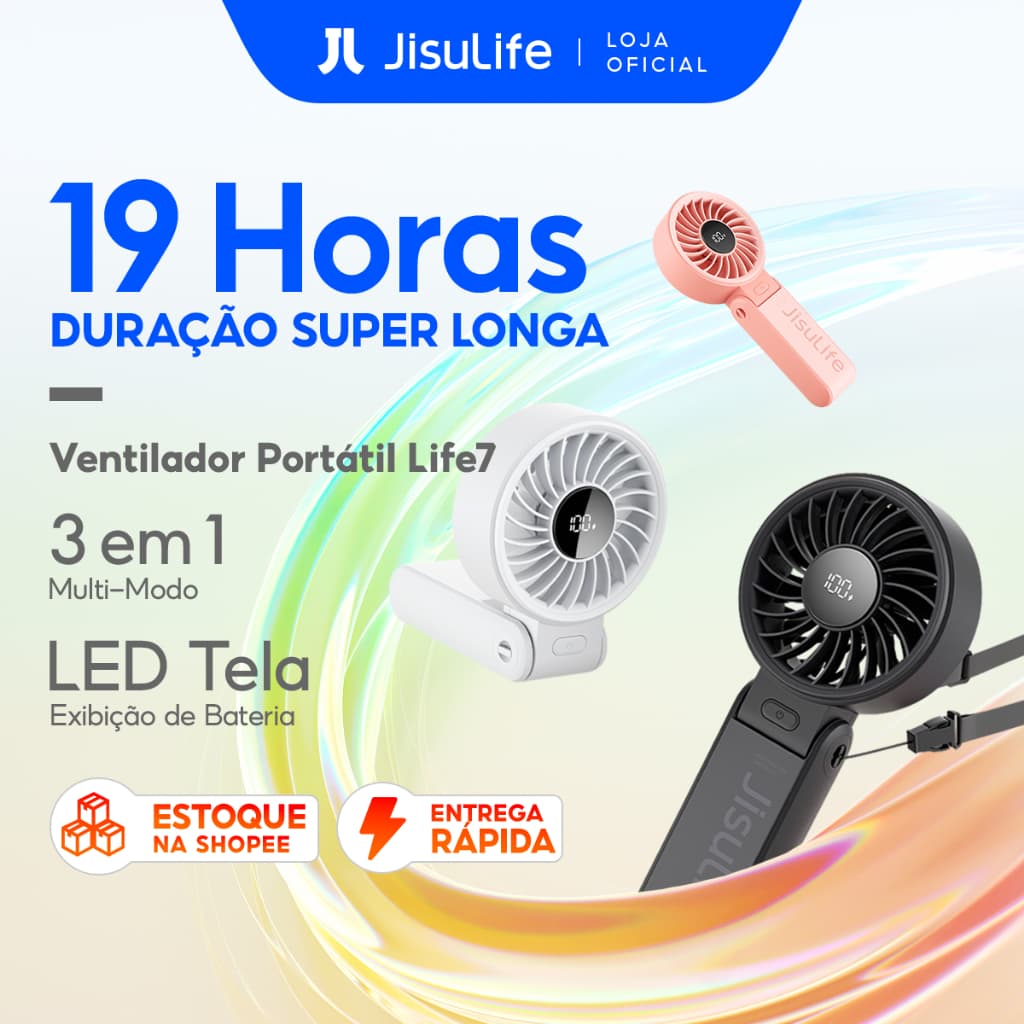 【Envio Full】JISULIFE Ventilador Portátil Silêncios de Mesa/Pescoço Multi-uso carregável 5000mAh com Tela (Life7)