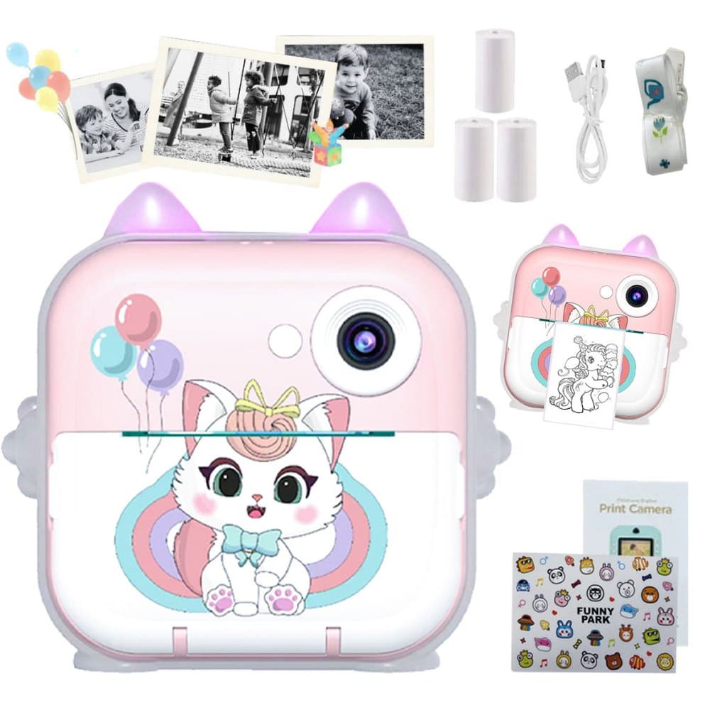 Câmera Infantil Divertida Gatinho Hd Impressão Instantânea Rosa/Azul-aço