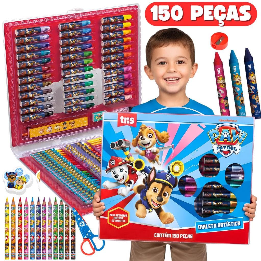 Estojo de Pintura Infantil Tema Patrulha Canina Com Giz Lápis Tinta - 150 Peças