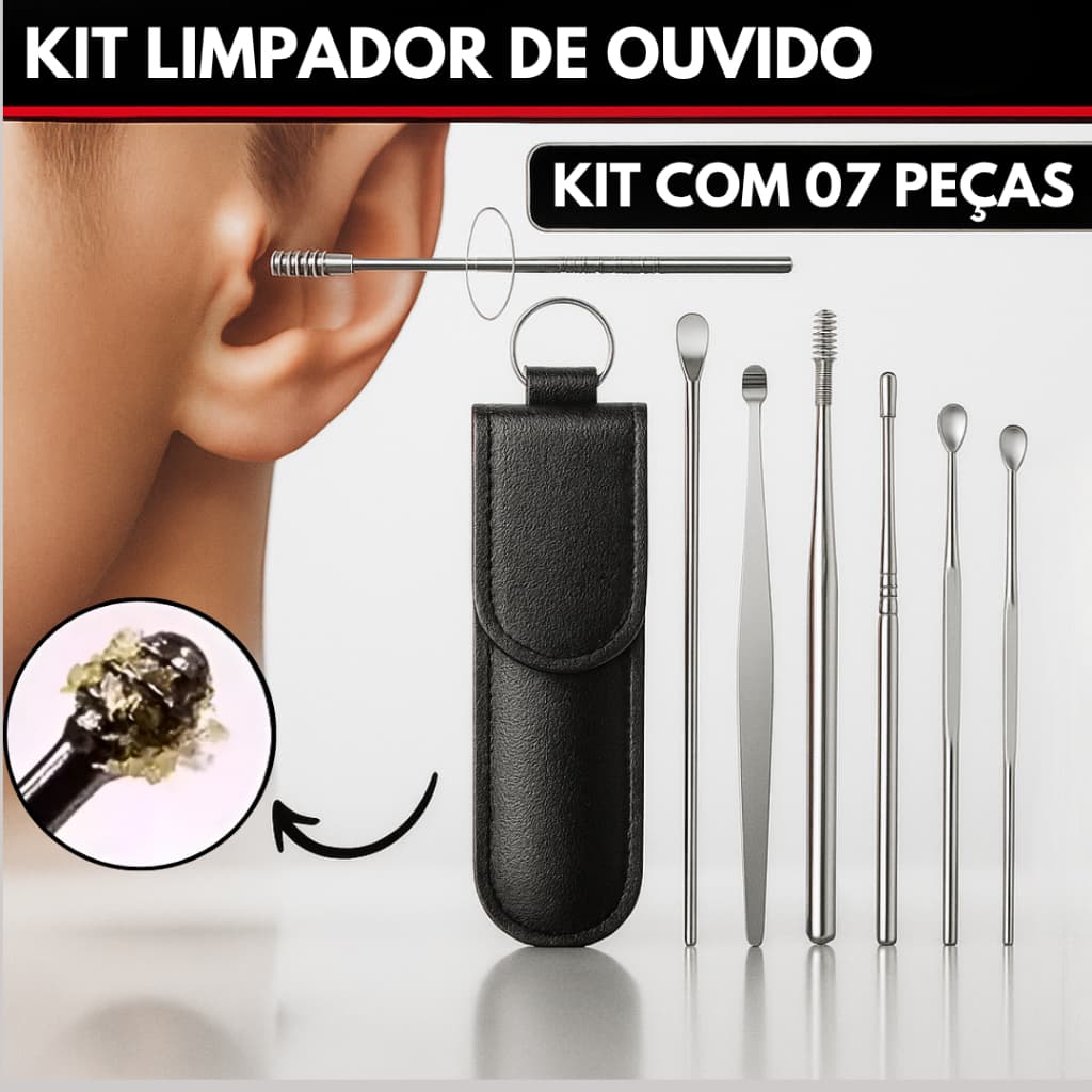 Kit 07 Peças Limpador de Ouvido Removedor de Cera com Estojo Jogo Cotonete Fácil Orelha Aço Inoxidavel