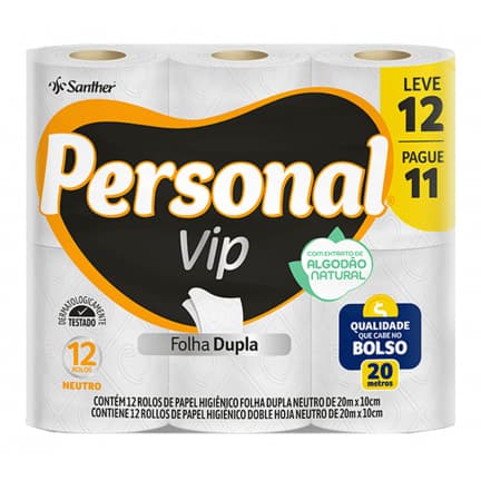 Papel Higiênico Folha Dupla Personal Vip com 12 Unidades de 20m