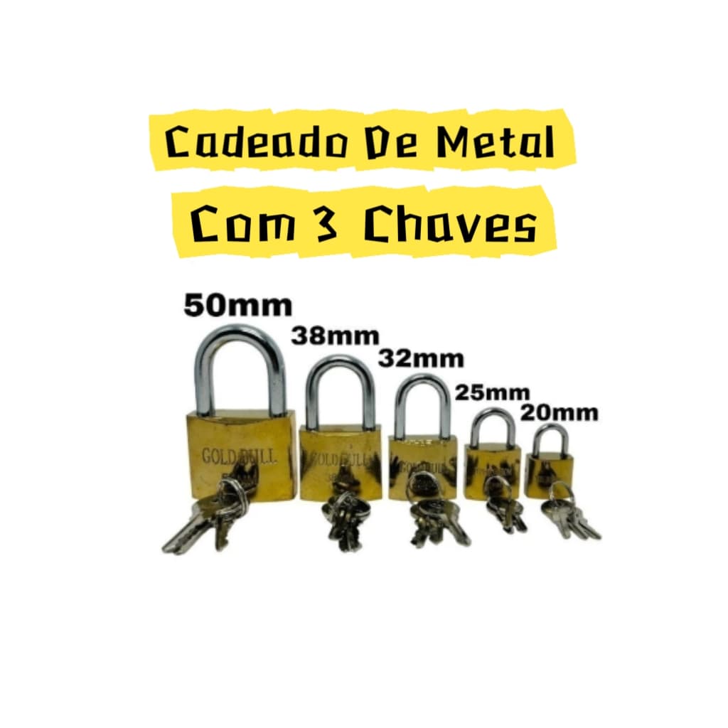 01 Unidade De Cadeado Com 3 Chaves Diversos Tamanhos 20x25x32x38x50mm