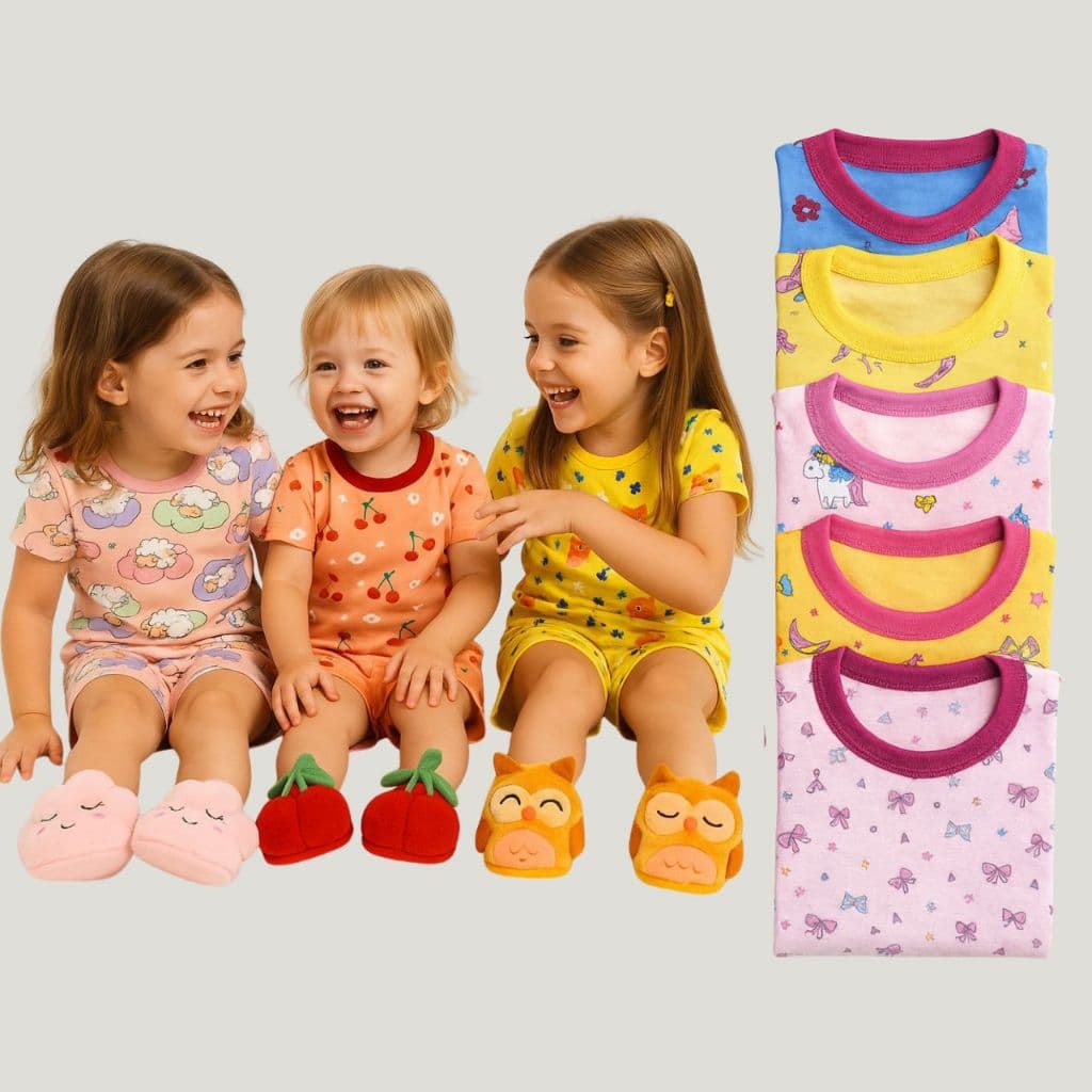 Kit 4 Peças Pijamas Infantil Verão Feminino 2 Blusas Manga Curta + 2 Shorts Menina
