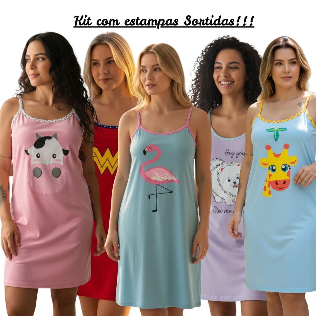 Kit com 3 Camisolas Alcinha ou Meia Manga em Malha estampas sortidas
