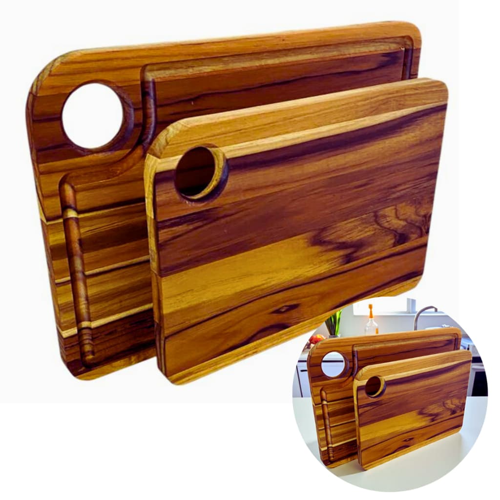 Tábua De Corte Madeira  e Preparo Carne Churrasco Legumes com Canaleta + Tábua de Corte Lisa Monte seu Kit