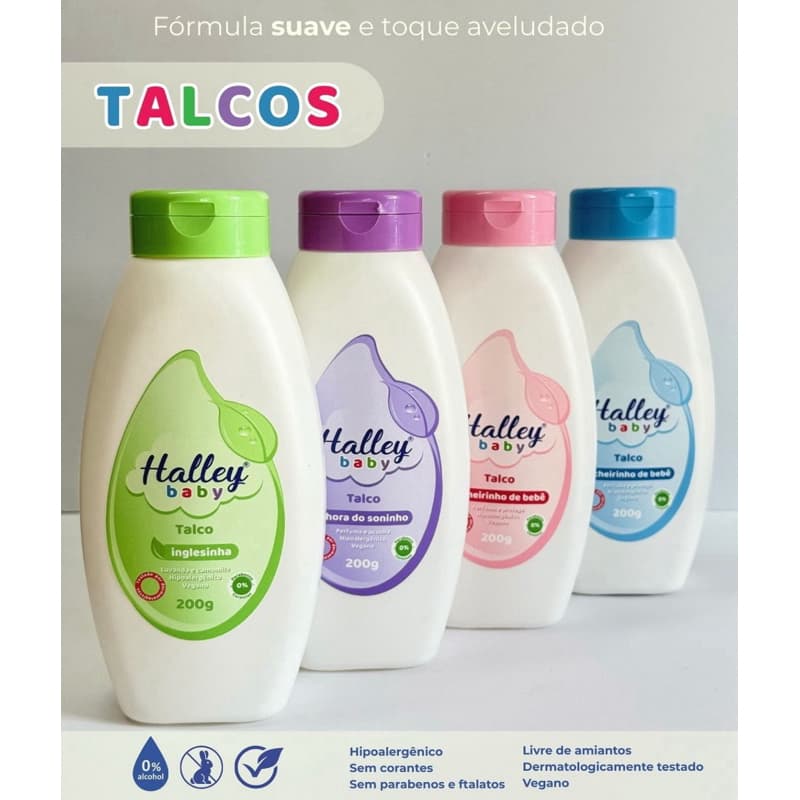 4 Frascos Talco Inglesinha Lavanda Camomila , Hora do Soninho e Cheirinho de Bebê Azul e Rosa Halley Baby 200g Unidade