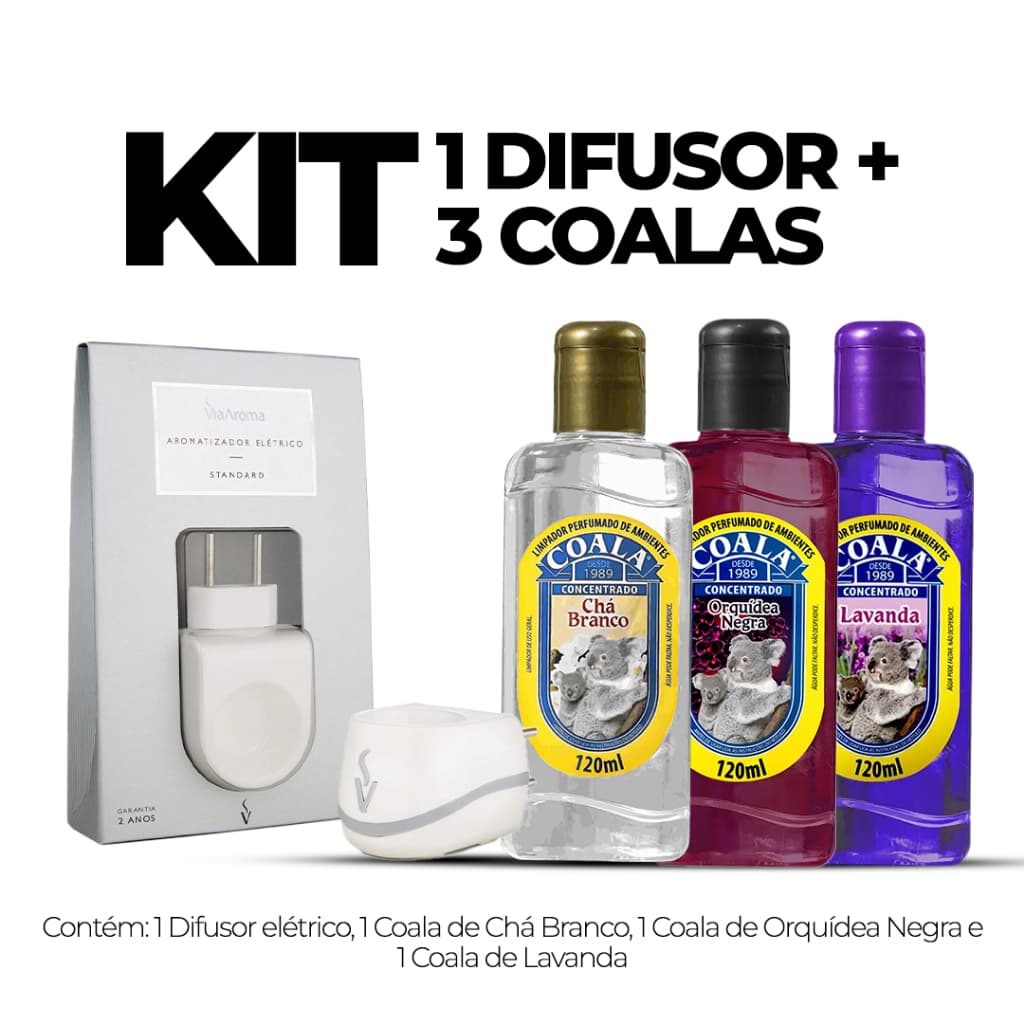 Kit Difusor Aromatizador Elétrico Standard Bivolt Via Aroma + Limpador Coala Concentrado 120 ml