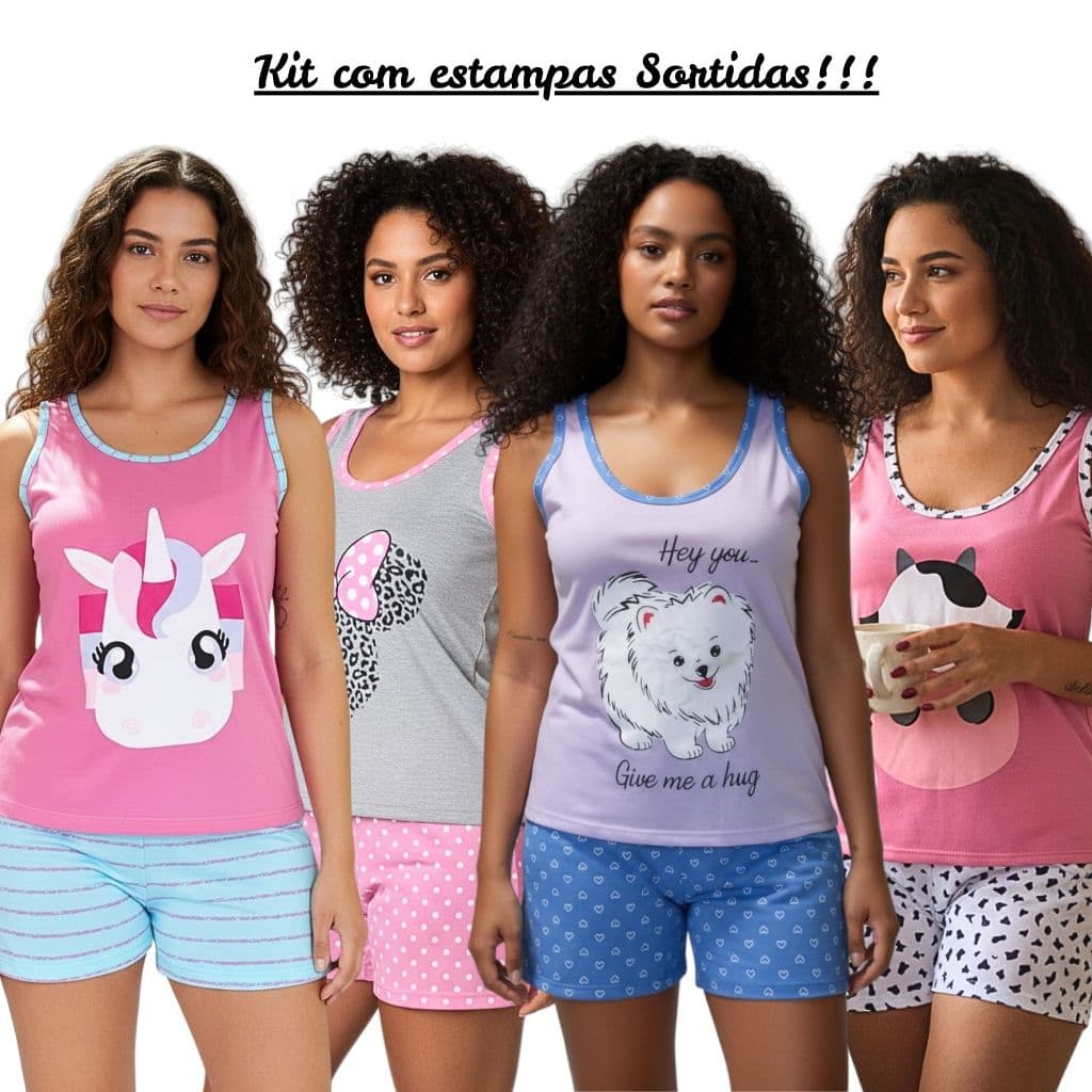 Kit com 3 Baby Doll Regata Pijama de Verão Short Doll em Malha de Qualidade Estampas Sortidas