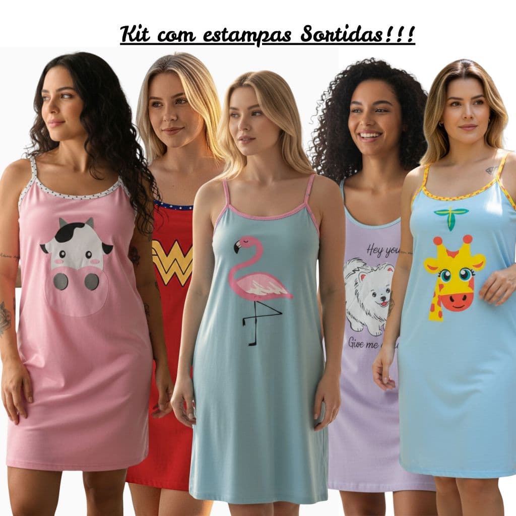 Kit 5 Camisolas Alcinha Adulto em Malha Estampas Sortidas