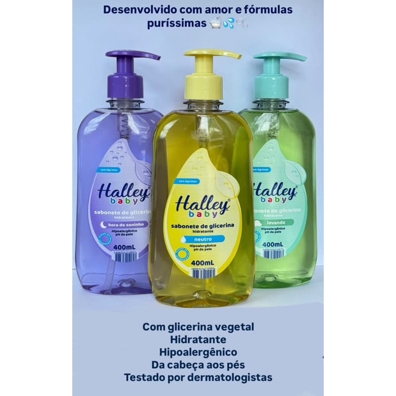 3 Frascos Sabonete de Glicerina Hidratante Neutro, Hora Do Soninho e Lavanda Hipoalergenico Halley Baby 400 ml Unidade