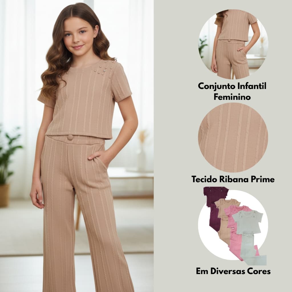 Conjunto Infantil Feminino – Blusa com Pérolas + Calça com Bolsos | Tecido Ribana Prime