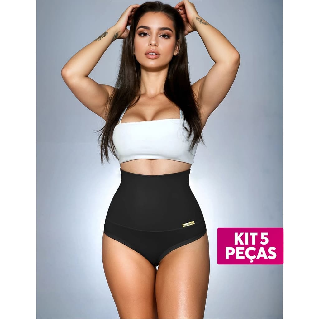 5 Cinta Modeladora Feminina Calcinha Cintura Alta Kit Cós Duplo Microfibra Confortável Magic