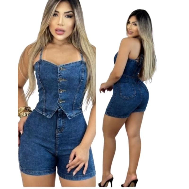 Macacão Short Jeans Feminino Alcinha Blogueira Verão Laycra