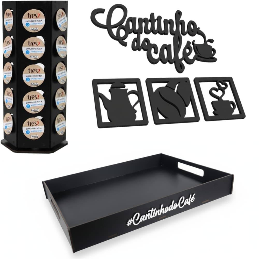 Porta Cápsulas Três Corações Giratório  Bandeja Preta Grande Grande Placa Cantinho do Café 4 Peças