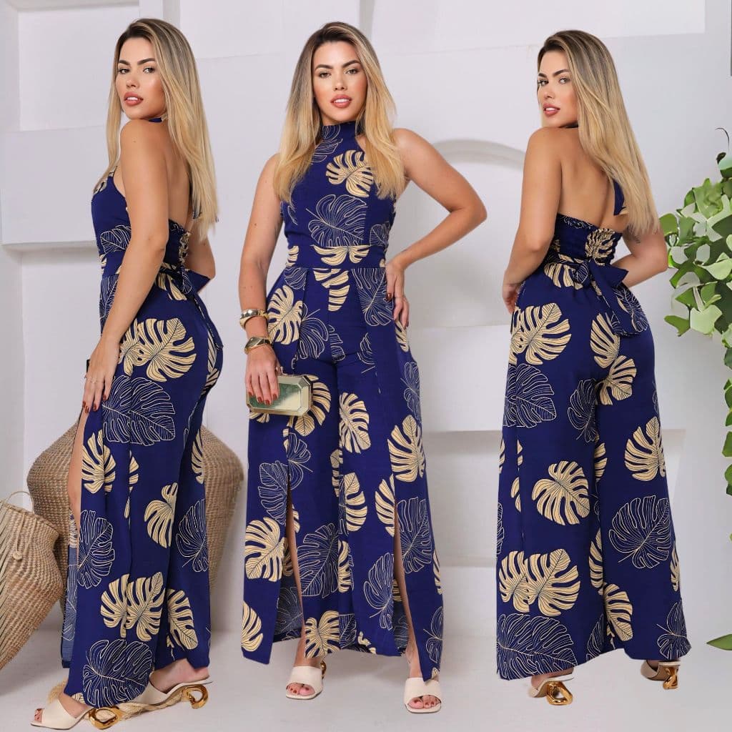 Macacão longo feminina estampado costa lastex, é feito de lastex,