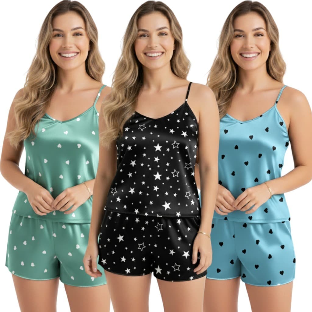 Kit 3 Baby Doll Pijamas Femininos Conjuntos Short Doll Pijama Conjunto Feminino Original