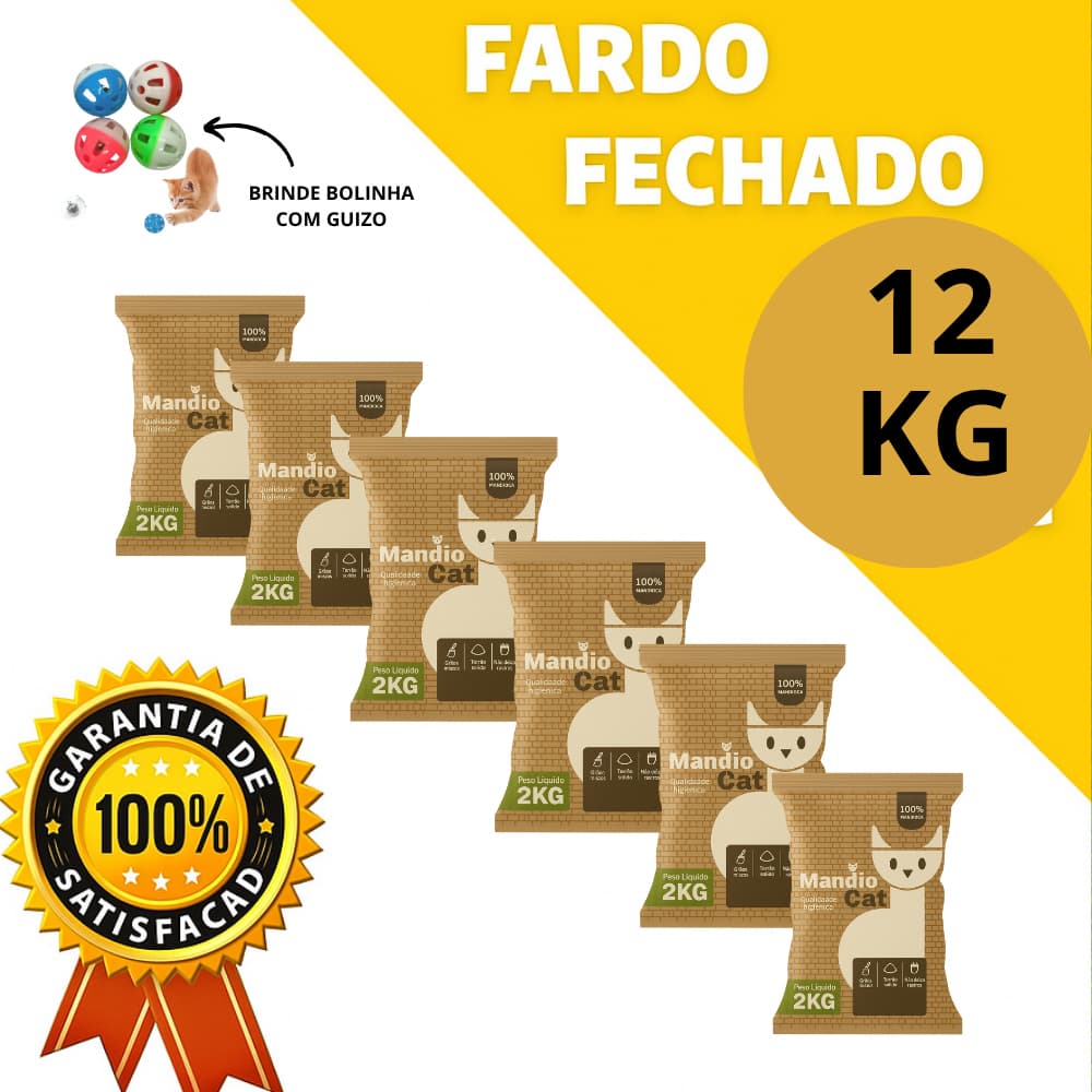 Areia de Gato MandioCat Biodegradável 100% Mandioca – Grãos Finos Com Petisco e Brinquedo MAIS BARATA Areia de Gato FULL