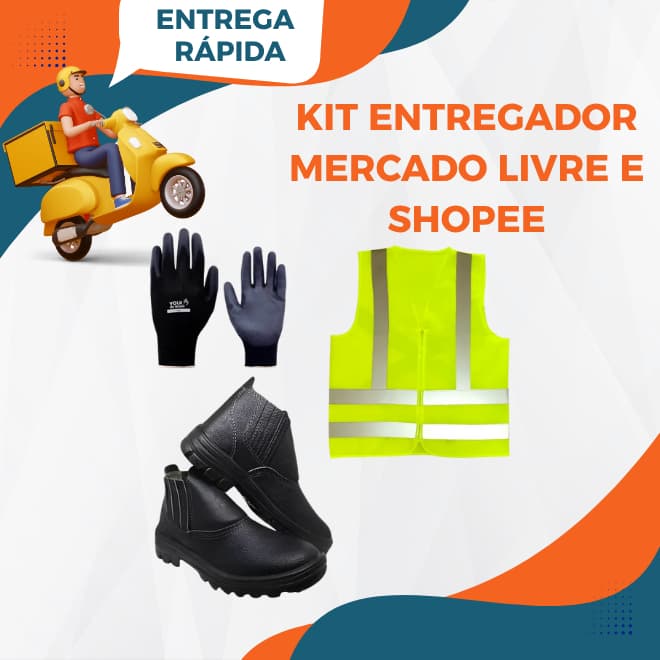 Kit Epi Entregador Mercado Motorista Bota Botina Bico Pvc + Colete Refletivo + Luva Multitato