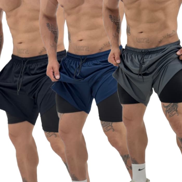 Kit 3 Shorts 2 em 1 Masculino Dry Fit com Bolso e Compressão Academia Corrida Treino Bermuda Plus Size