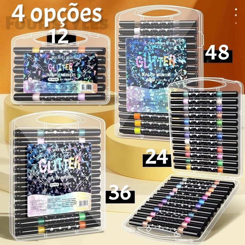 Caneta Marcadora acrílica Glitter Metalizada Ponta Dupla para Colorir Bob Good Brilhante 96 Cores