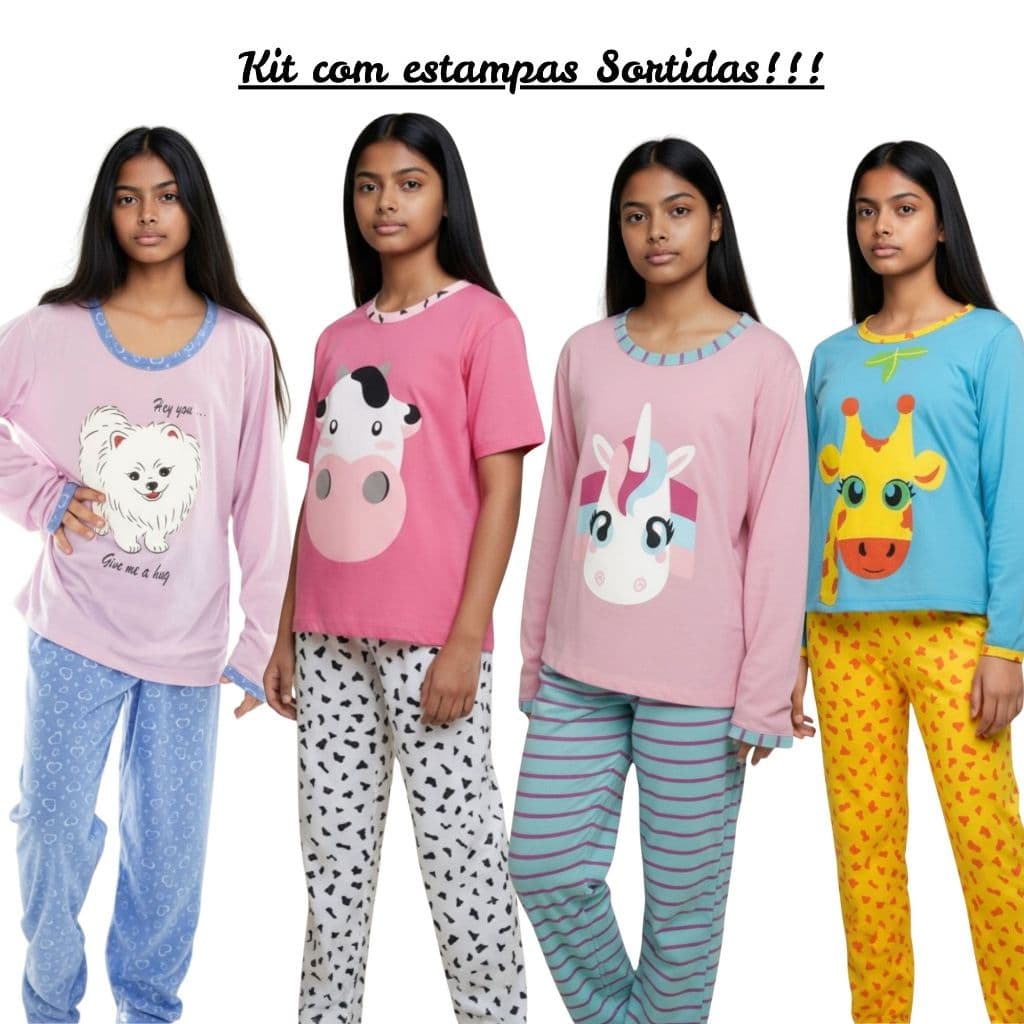 Kit com 2 Pijamas Infantil Menina bem quentinho de Inverno malha de Qualidade Personagens Sortidos