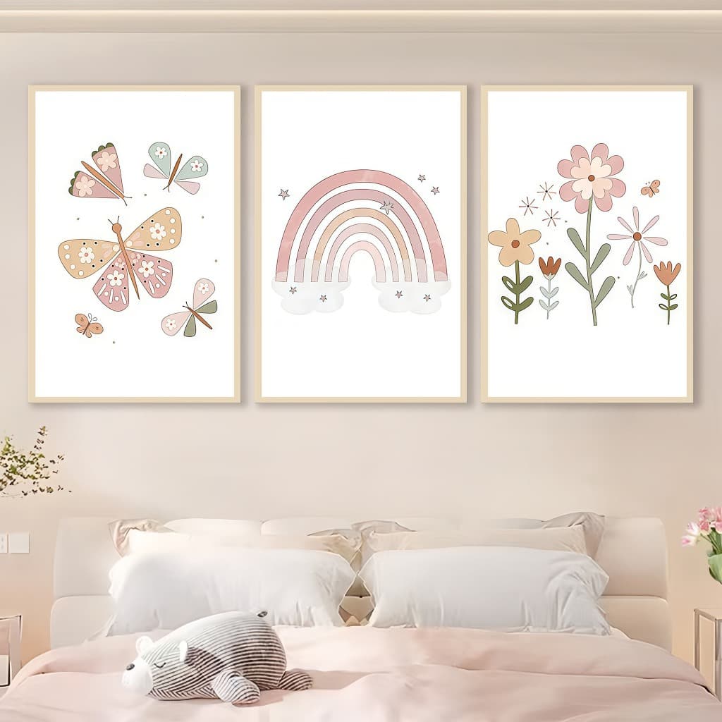 Quadro decorativo 3 pecas sol nuvem rosa flores Borboletasdecoracäo para quarto infantil bebê menina feminino