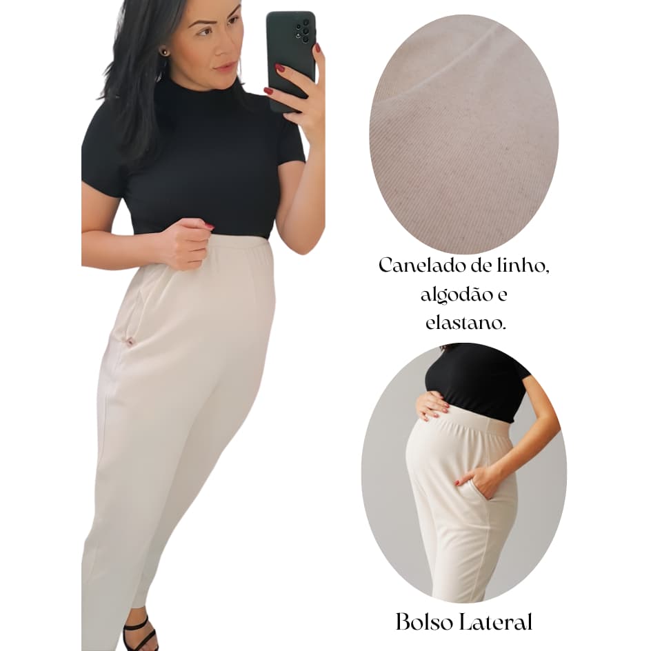 Calça Gestante Cós Super Alto Confortável, Calça Gravida Super Alta, Pantalona, Calça Soltinha Gestante Linho Casual