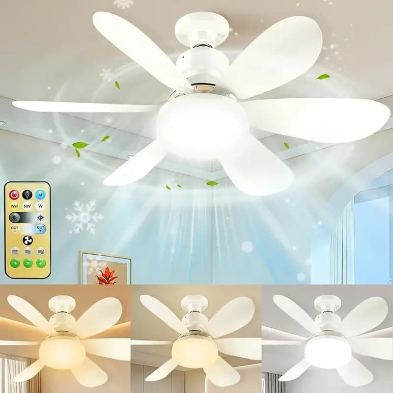 Ventilador de Teto Silencioso com Lâmpada Remoto Ajustável Luz Silenciosa 6 Folhas,110V-220V, E27