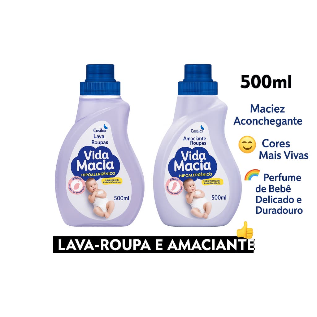 KIT VIDA MACIA LAVA ROUPAS + AMACIANTE HIPOALERGENICO ALGODÃO 500ML