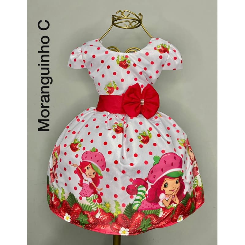 Vestidos moranguinho temáticos infantil aniversário luxo festa moranguinho (com manga)