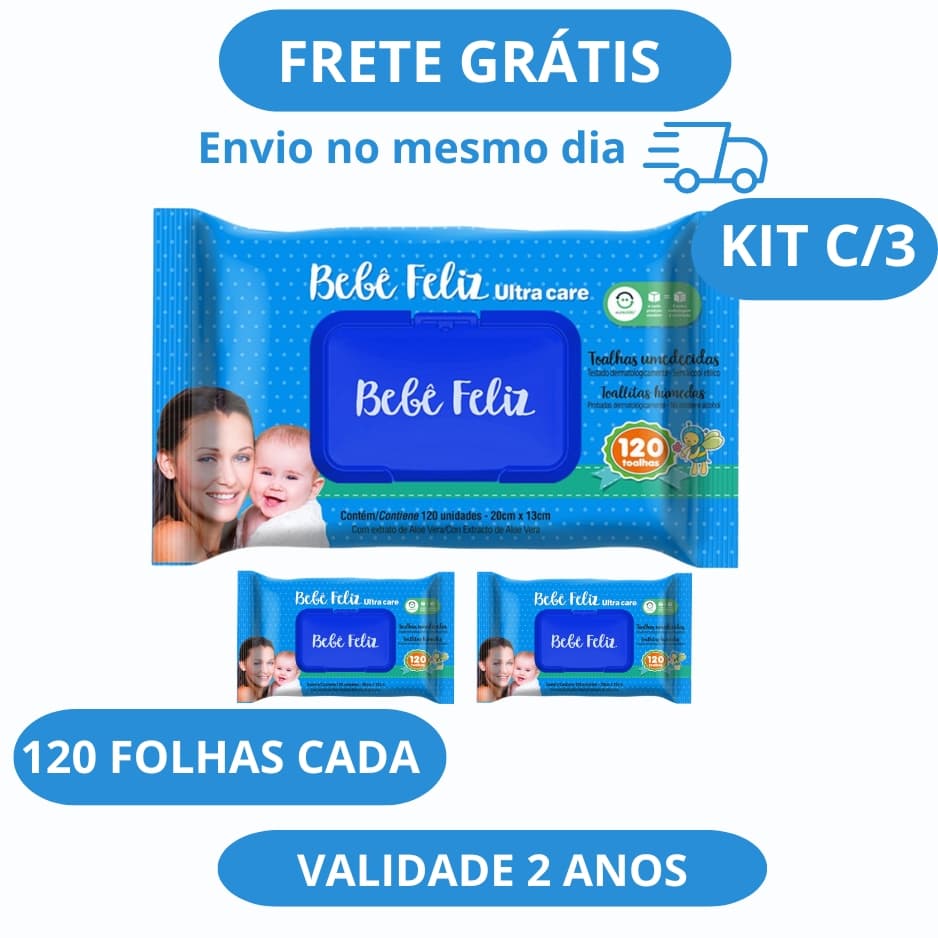Kit 3 Lenços Umedecidos Bebê Feliz 120 Folhas Cada Promoção