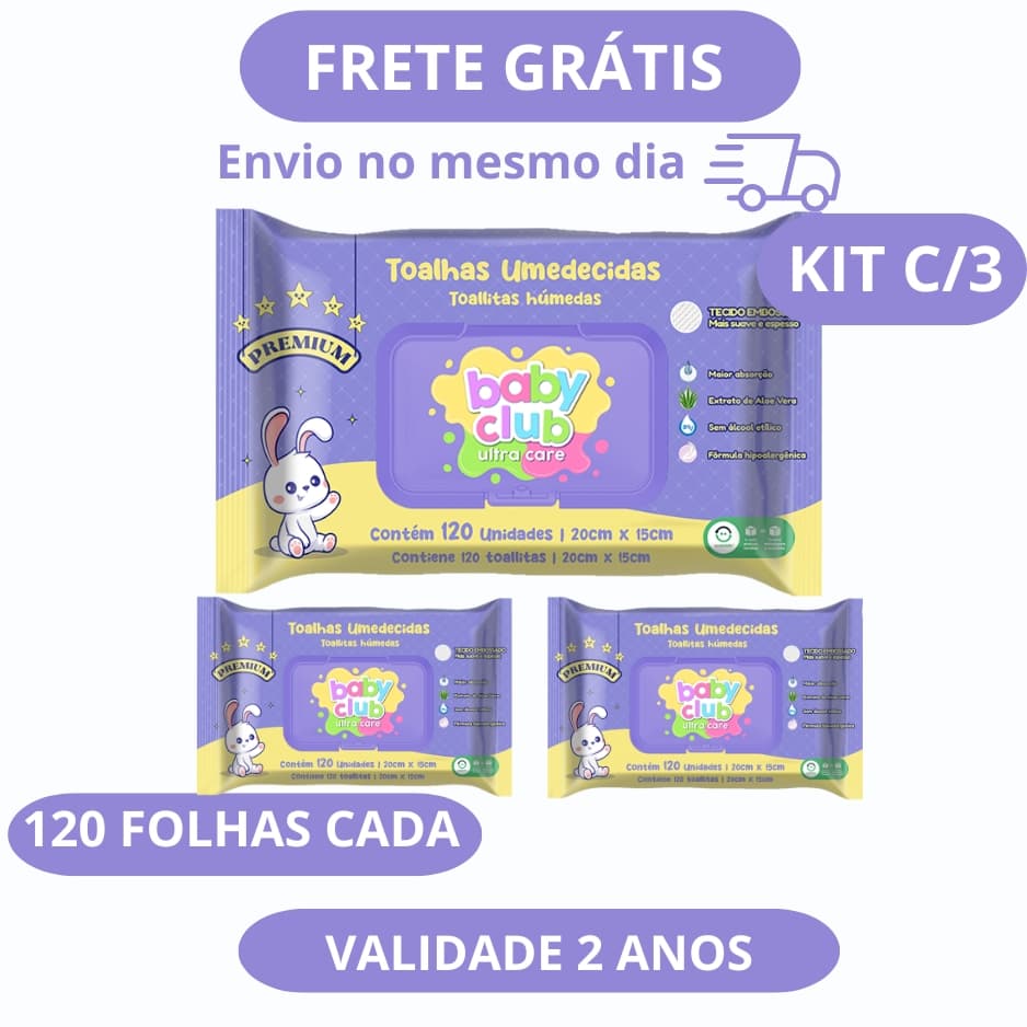 Kit 3 Lenços Umedecidos Premium 120 Folhas Cada - Baby Club Ultra Care