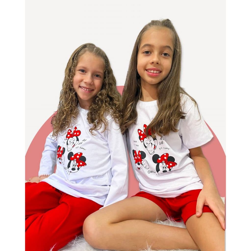 Pijama Infantil Feminino Minnie 100% Algodão | Verão e Inverno | Conjunto Camiseta + Short/Calça | Tam 1 ao 10