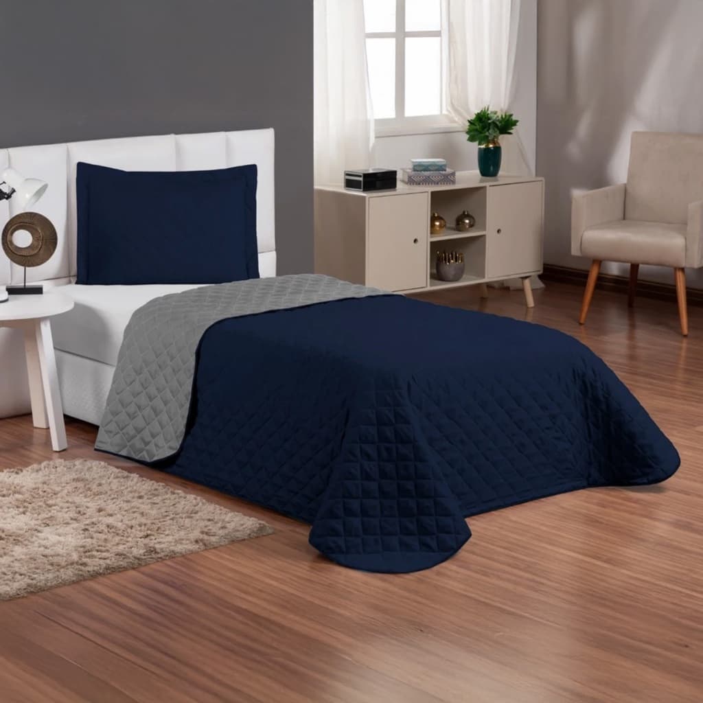 Kit Colcha Cobre Leito Infantil Menino Solteiro Com Viés 2 Peças Dupla Face azul