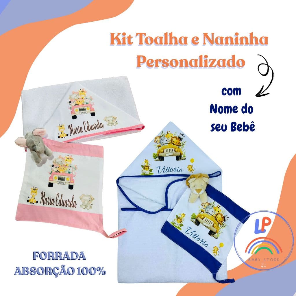 Toalha de Banho para Bebê + Paninho Naninha Personalizado Kit para bebê