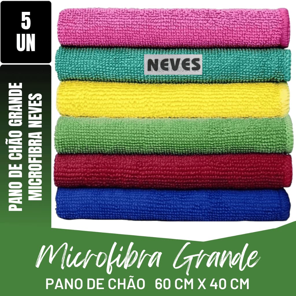 Kit C/ 5 - Pano De Chão Microfibra Gigante 60x40cm - Neves - Multiuso - Limpeza Geral - Multicores