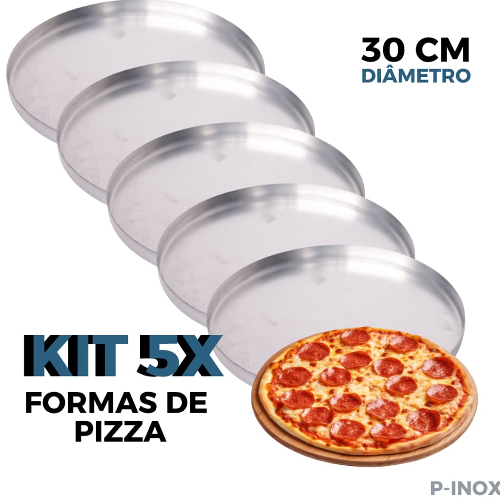 Kit 5 Formas Assadeiras de Pizza 30 cm de Alumínio Polido com Borda
