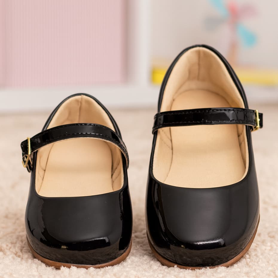 Sapatilha Infantil Preto Lisa Sapato Social Criança Menina Fechada Lisa Verniz Confortável