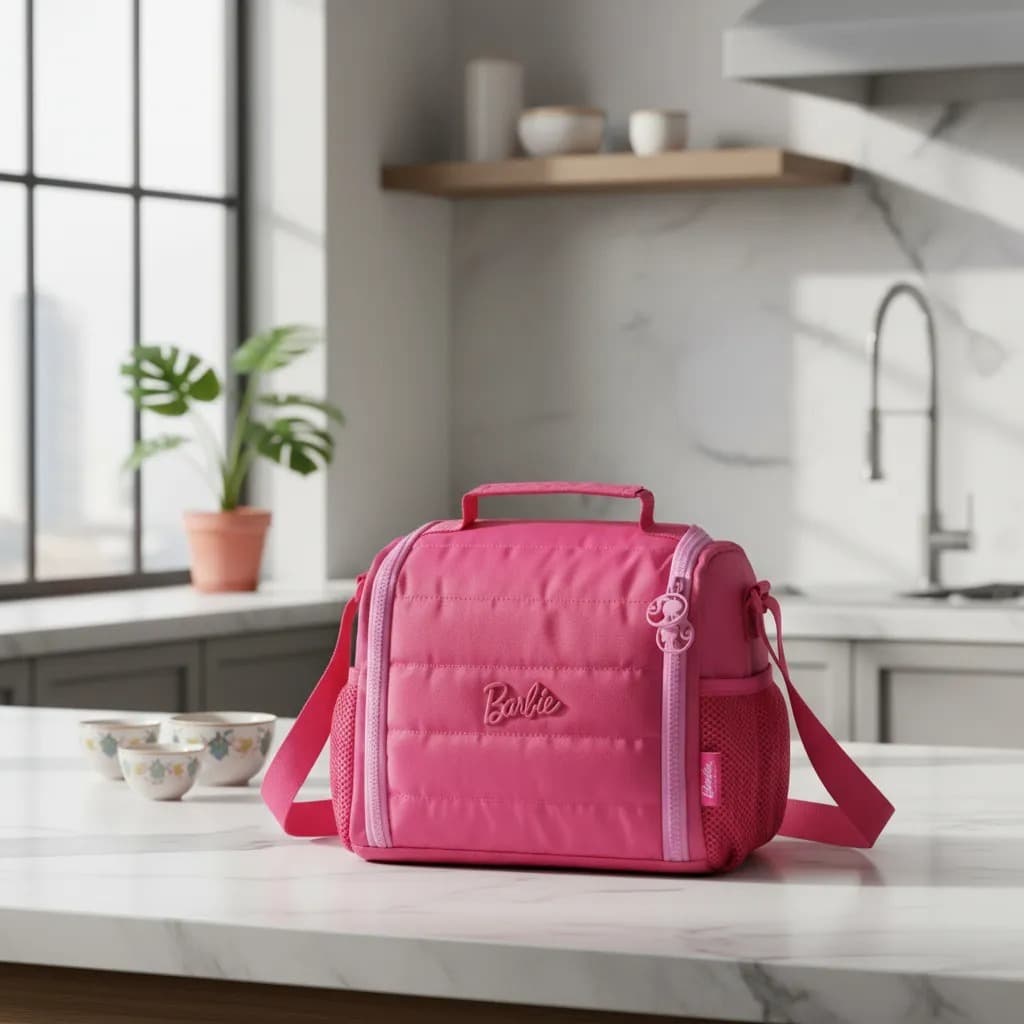 Lancheira Térmica porta marmita Barbie Rosa com Alça e Bolso Telado Oficial
