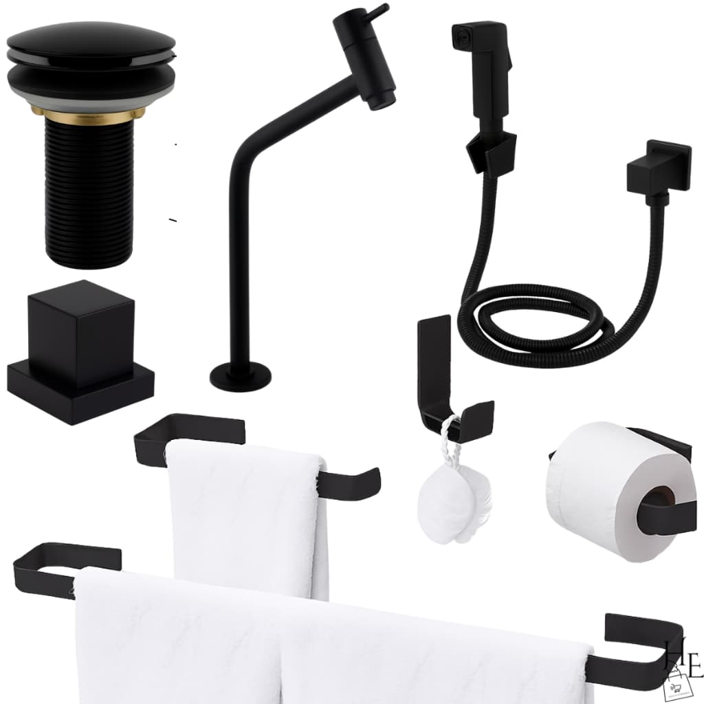 Kit Acessórios de Banheiro Preto +Torneira Link+ Ducha Higienica+Acabamento Metal Deca+Valvula Click