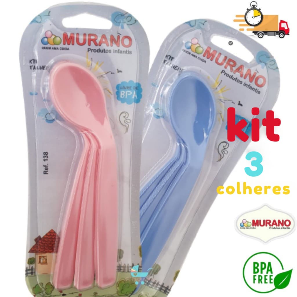 Kit 1-5 Colheres Bebê Alimentação Inicial Murano Rosa Azul  LUMINAX