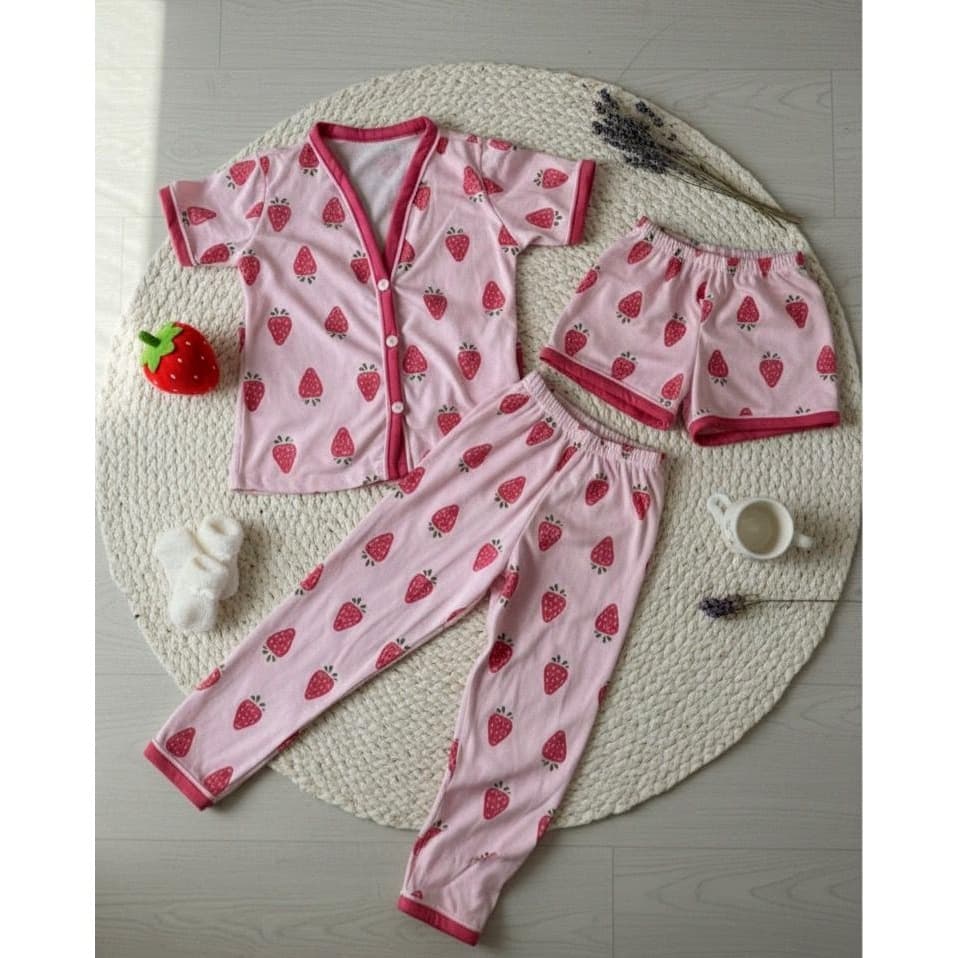 Kit Pijama de Menina 3 Peças Americano Camisa Botões + Calça + Short Criança Conforto Malha 2 ao10