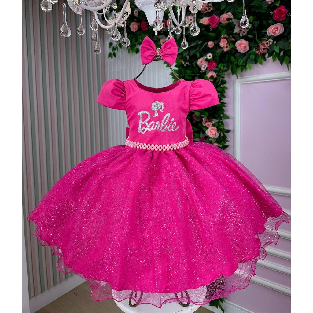 Vestido Temático Barbi Infantil Menina Pink Glitter + Laço 4 ao 12