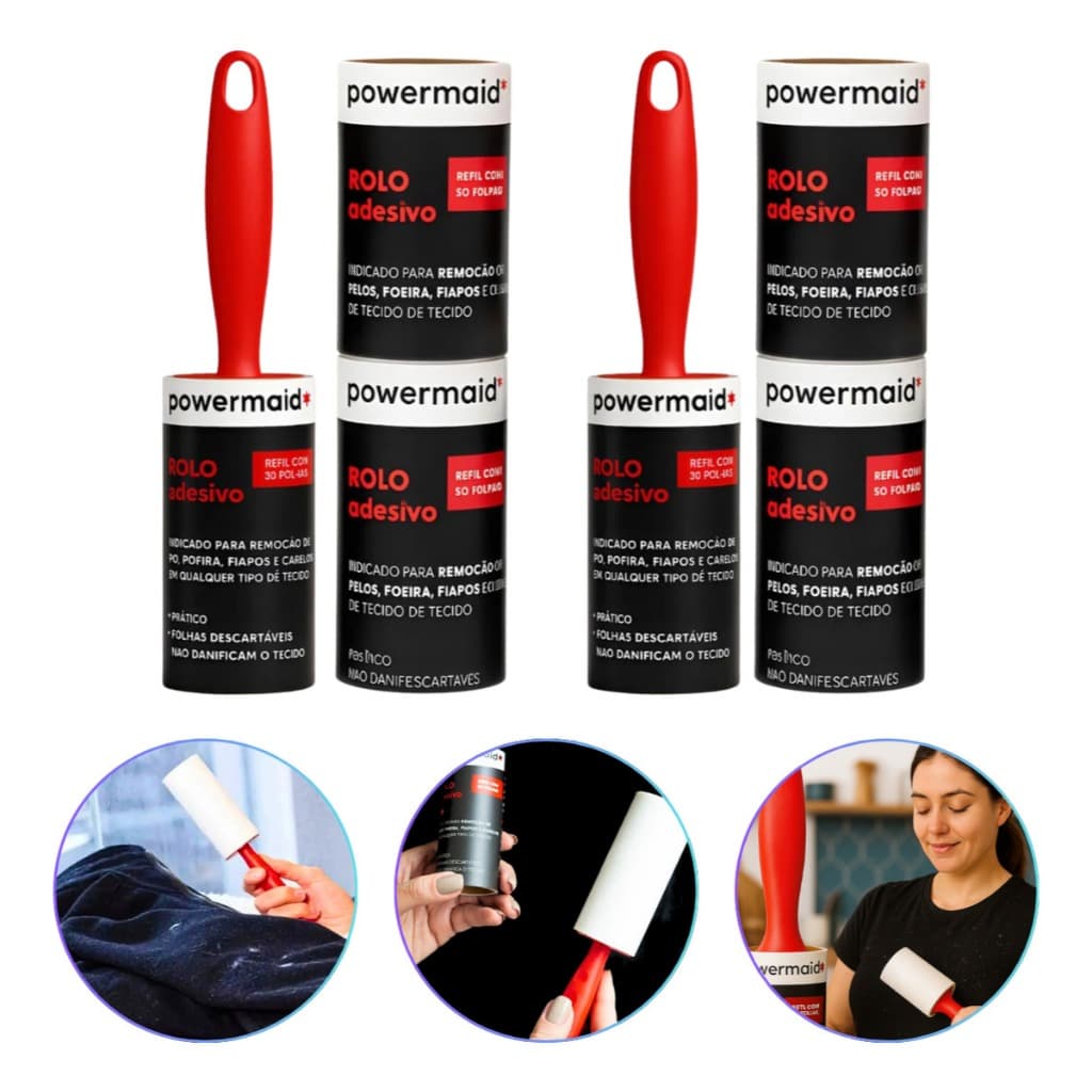 Kit 2 Rolos Adesivos + 4 Refil Tira Pelos Roupas Fiapos Limpa Plumas Sofá Prático 180 Fls Powermaid