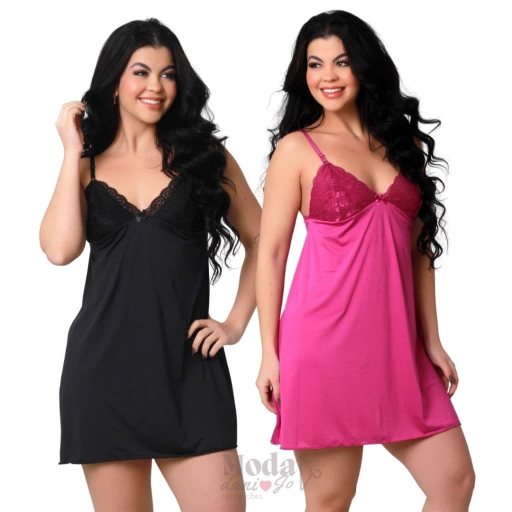 Kit 2 Camisola Sexy Com Renda Sobreposta Sem Bojo Básica Conforto Rendada Sensual Curta Para Dormir