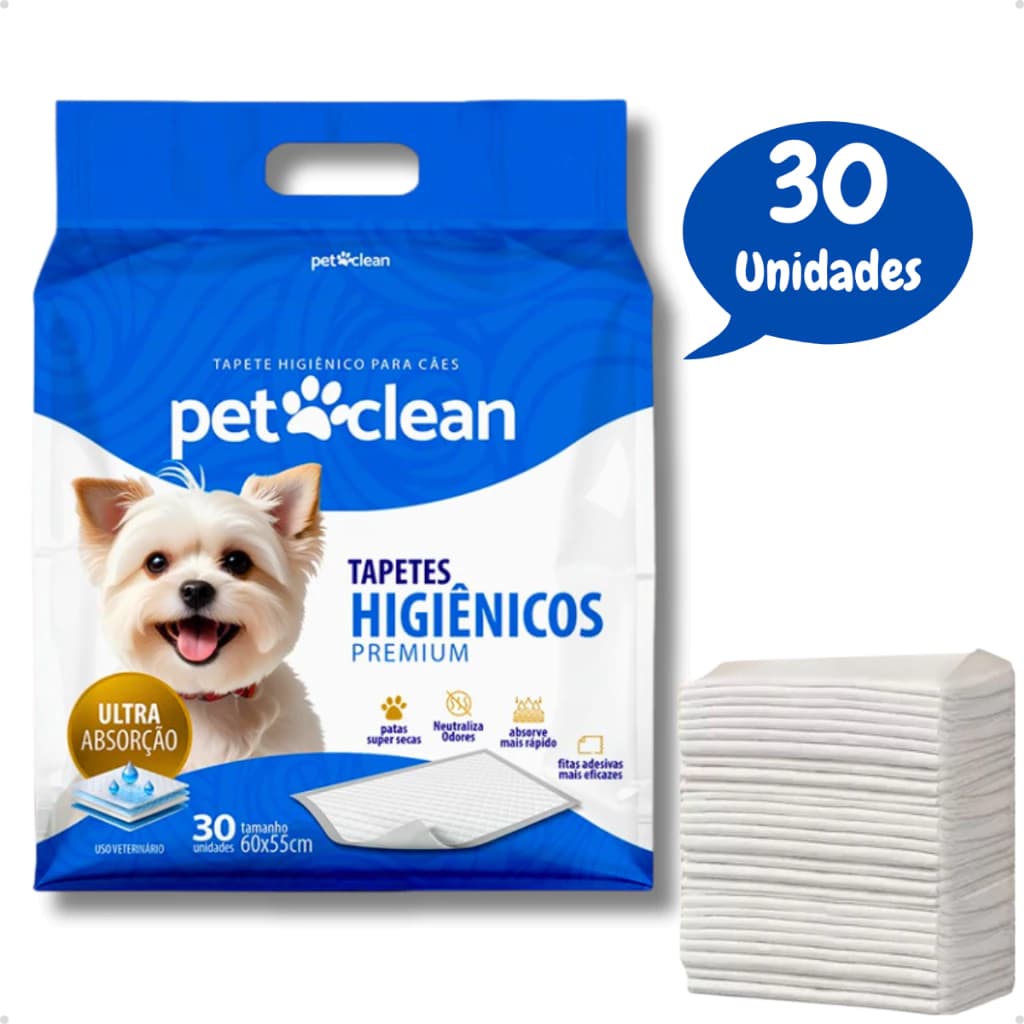 Tapete Higiênico Premium Ultra Absorção Gel para Cachorro 60 x 55 cm - 30 unidades - Pet Clean