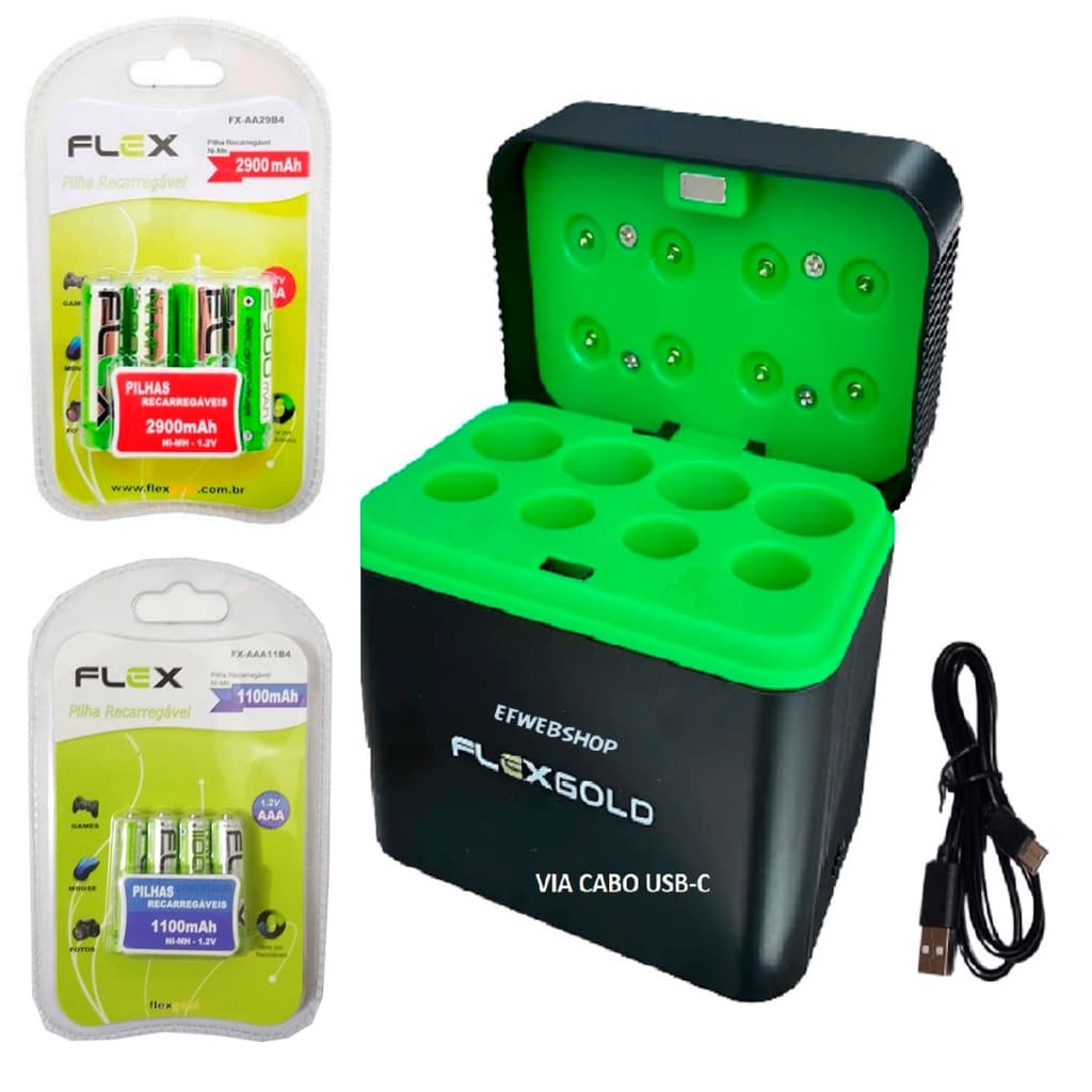 Carregador de Pilhas AA AAA Flexgold Tipo Caixa para Pilhas Recarregáveis via Cabo USB-C FX-C23