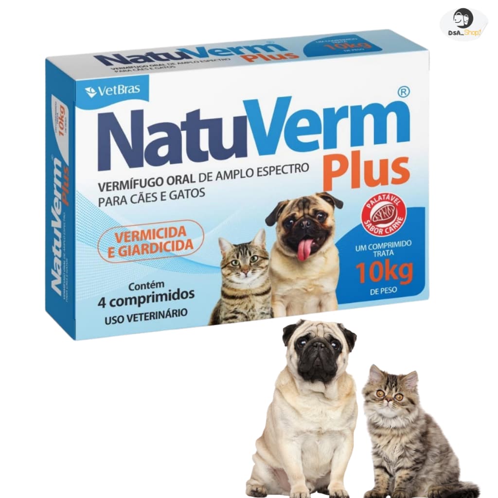 Vermifugo NatuVerm Plus 10kg Cães Gatos Mata Giardia Cx com 4 Comprimidos