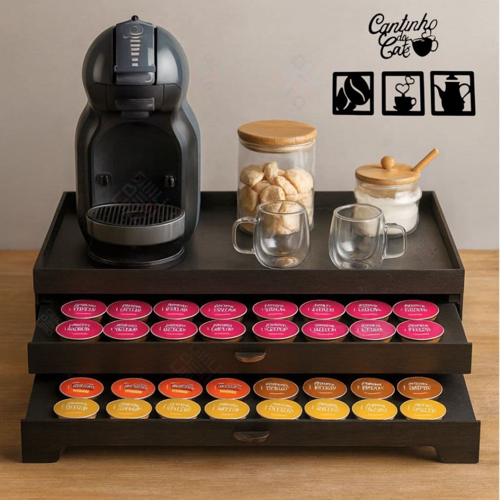 Bandeja 80 Cápsulas Cantinho do Cafe 2 Gavetas Porta Capsulas Mdf Decoração Escritorio Apoio Servir