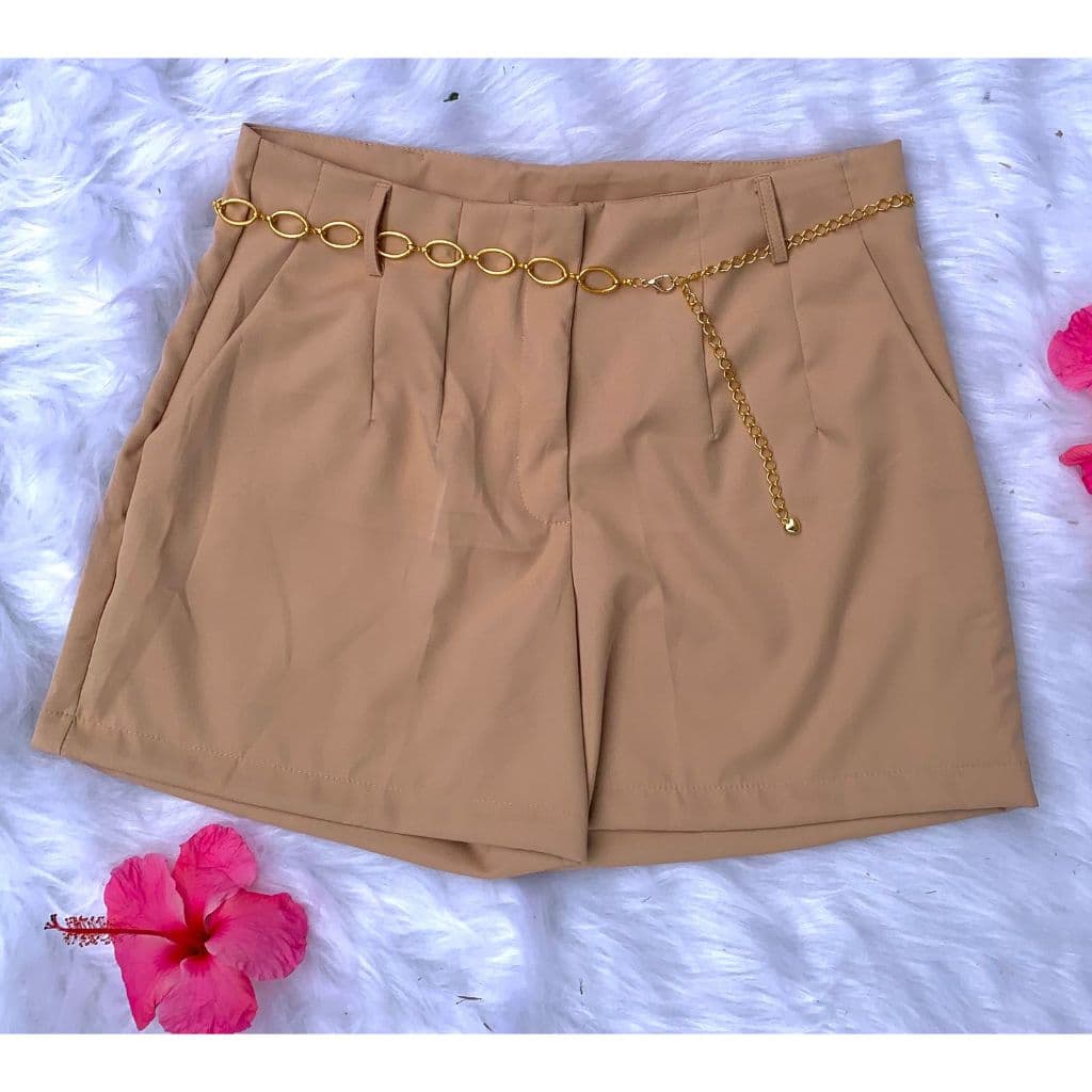 Shorts Plus Size De Alfaiataria Premium Com Cinto Corrente De Brinde Dourada e Prateada Oferta Moda Short Bermuda Plus
